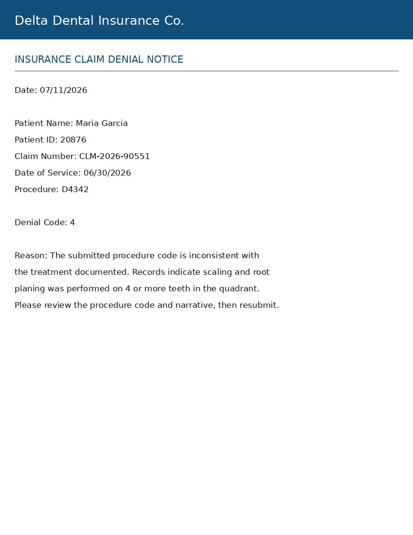 Sample denial letter citing a procedure code and narrative problem. Watermarked as demo data.